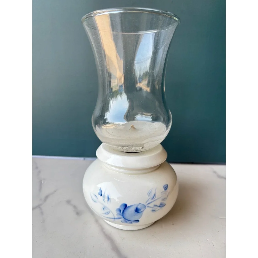 Vintage Hurricane Candle Holder Blue Floral Ceramic Hand Painted USA
